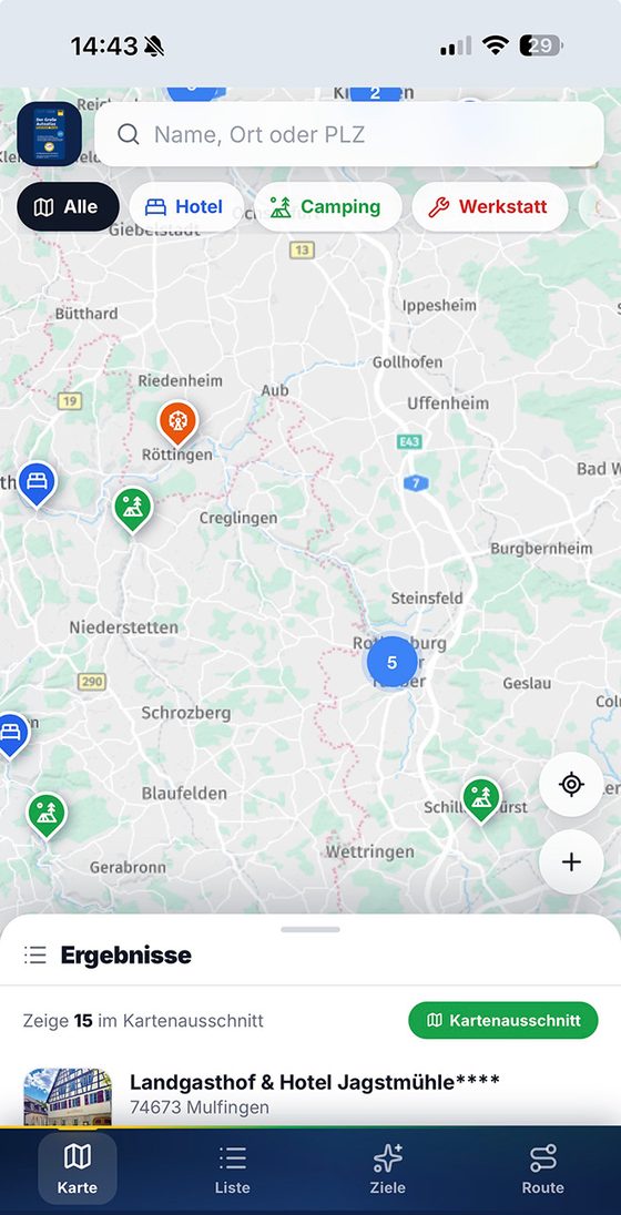 Karte mit Filtern und Trefferliste in der App