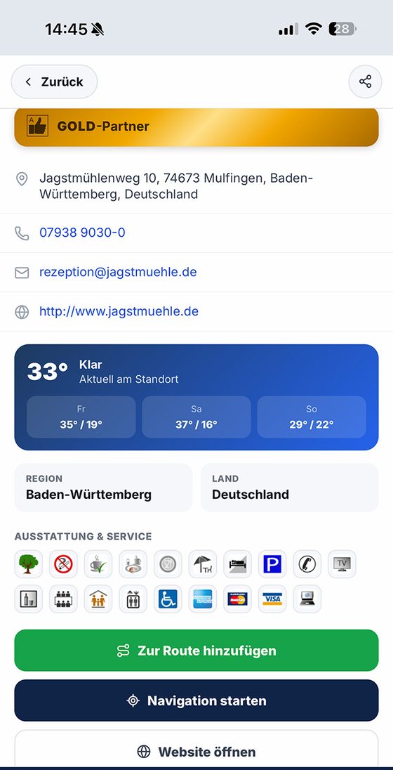 Wetter, Ausstattung und Routenknopf in der App