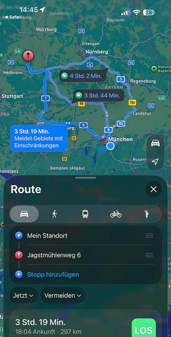 Übergabe der Route an Apple Maps